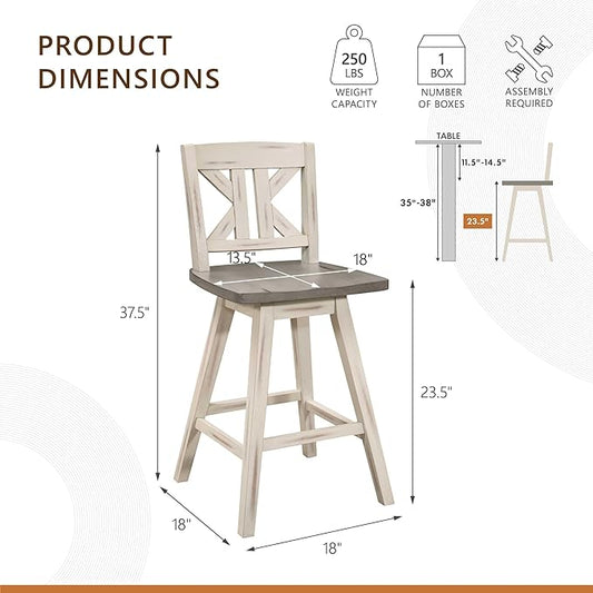 Lexicon Counter Height Stools Set of 2-Solid Wood Frame 360° Swivel Wooden Stools, Foot Rest, KK Back, Wide Seat, Distressed Farmhouse Easy to Clean Finish, 24" SH, Antique White/Grey