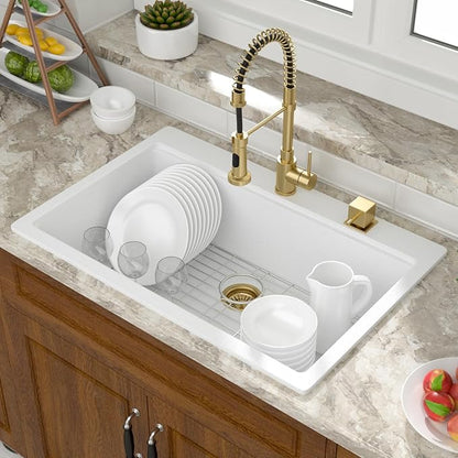 Mocoloo 33 Inch Drop in Workstation Kitchen Sink, 33x22 White Granite Composite Quartz Single Bowl Topmount Ledge Sink Above Counter