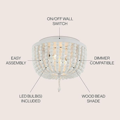 JONATHAN Y 10" White Allison 2-Light LED Flush Mount Ceiling Light for Bedroom, Wood Beaded Shade Shabby Chic Farmhouse Rustic Decor, LED Bulbs Included (JYL9074D)