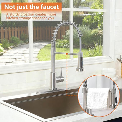 VCCUCINE Kitchen Faucet with Pull Down Sprayer Brushed Nickel Stainless Steel 1 Handle Pull Out Spring Sink Faucets 1 Hole Or 3 Hole Dual Function for Outdoor Utility Camper Laundry Rv Wet Bar