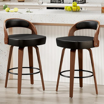 GOWE Swivel Bar Stools Set of 2, 26.8" Counter Height Bar Stools for Kitchen Island, Black Barstools Upholstered Faux Leather & Solid Wood Legs, VF
