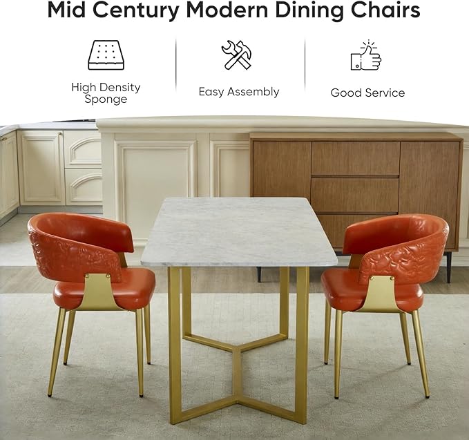 Atoll Modern Accent Dining Chairs Set of 2 with Upholstered PU Leather Seat & Curved Back, Metal Legs, Mid-Century Kitchen Chair for Dining Room, Living Room or Office (2, Orange)