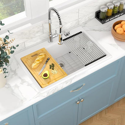Sarlai 33 Inch Composite Granite Kitchen Sink Drop In - 33x22 Inch White Kitchen Sink Workstation Granite Topmount Sinks White Quartz Classic Above Counter Single Bowl Basin