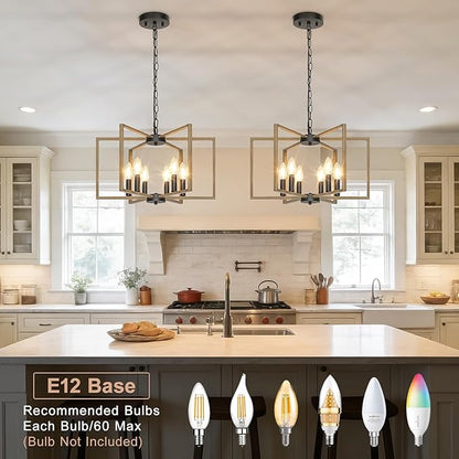 6 Light Farmhouse Chandelier, Dining Room Light Fixture with Wood Grain Painted, Metal Geometric Ceiling Light Rustic Hanging Pendant Lights with E12 Base for Kitchen Island Entryway Foyer, Indoor