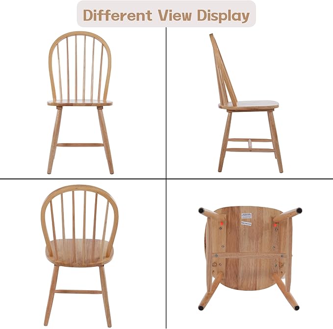 chairus Farmhouse Natural Dining Chairs Set of 6, Windsor Wooden Dining Room Chairs with Spindle Bow Back, Modern Cottage Armless Side Kitchen Chairs