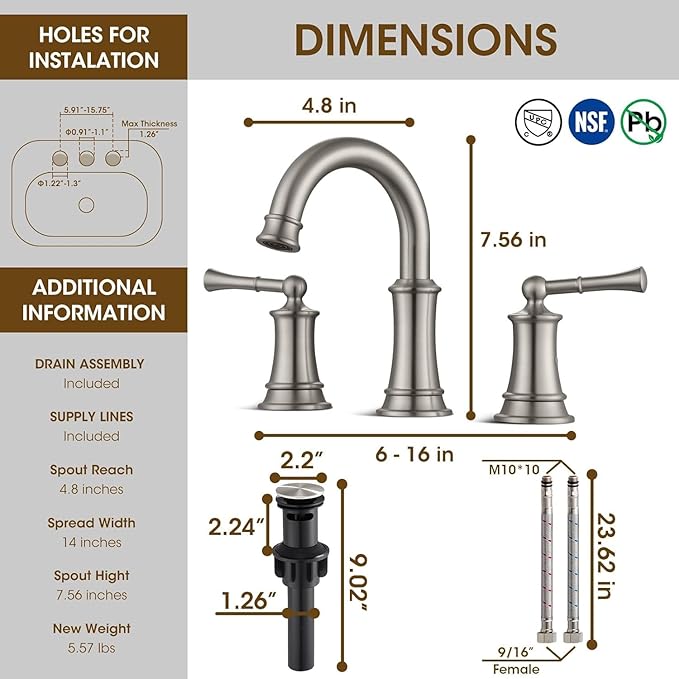 Classic Brushed Nickel Bathroom Faucet, 360° Rotatable Spout, 2 Handles, 3 Hole Widespread, Pop Up Drain & Supply Lines Included, Antique Style (L2304-BN)