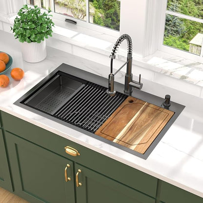 36 Inch Double Bowl Kitchen Sinks with Faucet - 36x19 Drop In Workstation All-In One Gunmetal Black Kitchen Sink Topmount Stainless Steel 16 Gauge Double Bowl 60/40 Split Sinks #TL-FDOE00101