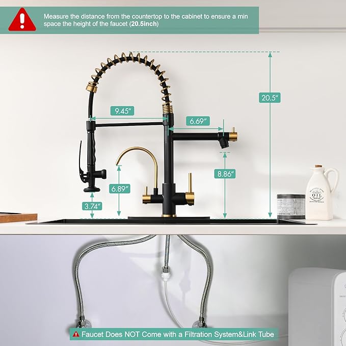 Fapully Commercial Kitchen Faucet with Pull Down Sprayer and Water Filter, Matte Black&Brushed Gold 3 in 1 Kitchen Faucets with Drinking Water Faucet for Kitchen Sink