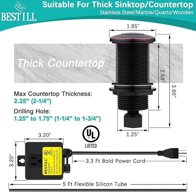 BESTILL Sink Top Garbage Disposal Air Switch Kit - Professional, UL Listed Single Outlet Long Push Button with Brass Cap, Oil Rubbed Bronze/ORB