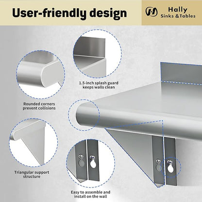 Hally Stainless Steel Shelf Wall Mounted Metal Shelf Wall Shelf 12 x 72 NSF Heavy Duty 345 lb Capacity, Commercial Wall Mounted Storage Rack for Kitchen, Garage, Laundry Room 2 Pack