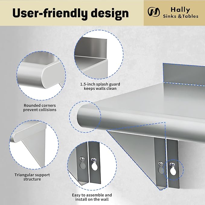 Hally Stainless Steel Shelf Wall Mounted Metal Shelf Wall Shelf 12 x 60 NSF Heavy Duty 315 lb Capacity, Commercial Wall Mounted Storage Rack for Kitchen, Garage, Laundry Room 2 Pack