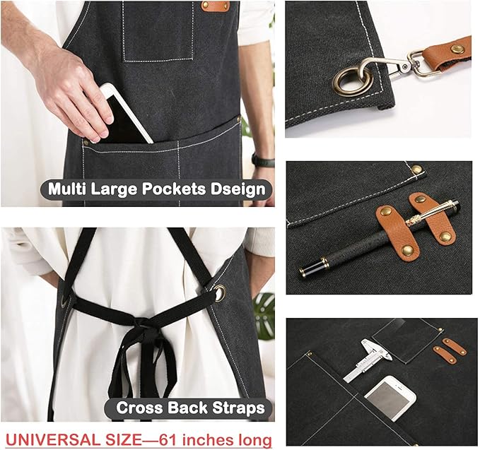 ZOMAO Chef Apron,Cross Back Apron for Women and Men,Cotton Canvas Apron with Adjustable Straps and Large Pockets,Kitchen Cooking Baking Bib Apron