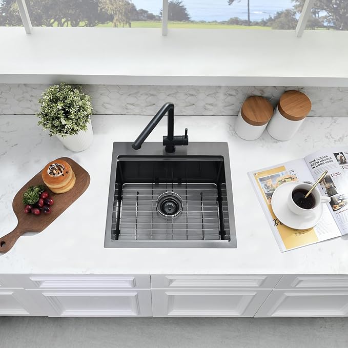 21x20 Black Bar Sink Drop In - 16 Gauge Black Stainless Steel Small Kitchen Sink, 10" Deep Single Bowl Workstation Sinks with Accessories for RV, Outdoor Kitchen & Wet Bar