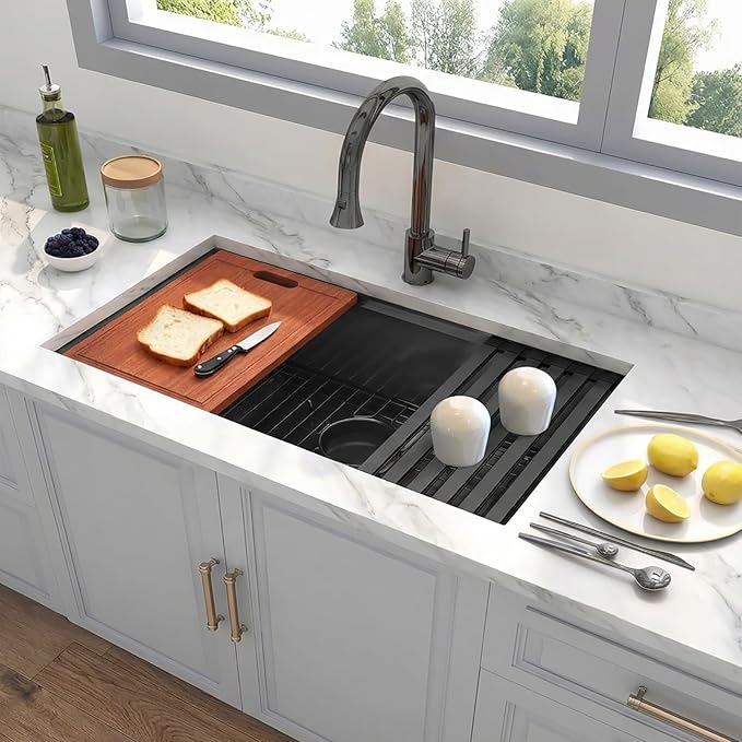 Black Undermount Kitchen Sink, 16 Gauge 304S Stainless Steel Workstation Sink with Full Set Accessories, 32" x 18" x 10" Large and Deep Single Bowl Kitchen Sinks