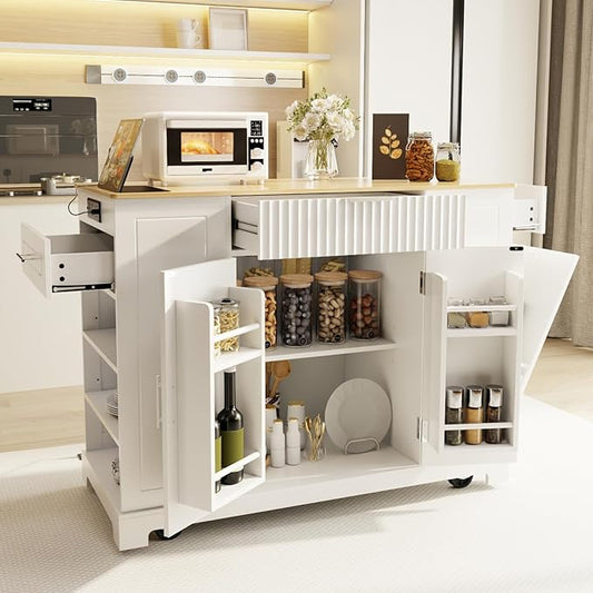 Rovibek Rolling Kichen Island on Wheels with Power Outlet, Portable Kitchen Island Cart with Trash Can Storage for 10 Gallon White