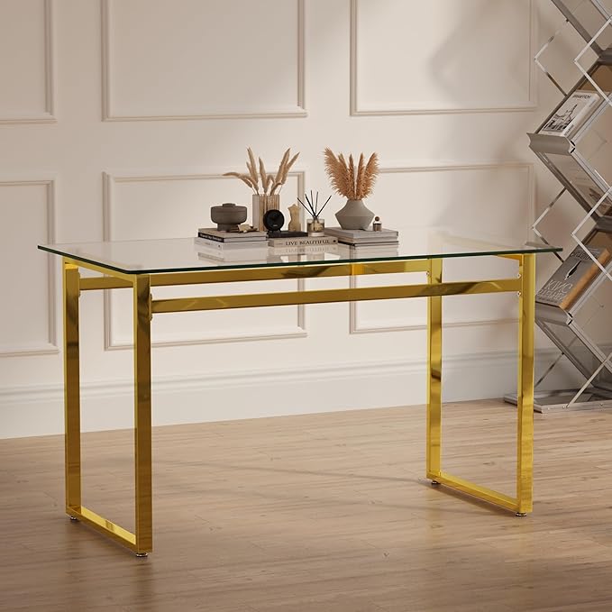 Modern Glass Dining Table for 4-6, 51" Rectangular Kitchen Dining Room Table with 0.31" Tempered Glass Tabletop and Gold Chrome Metal Legs, Writing Table Desk, for Kitchen Dining Living Room (Gold)