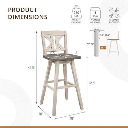 Lexicon Bar Height Bar Stools Set of 2-Solid Wood Frame 360° Swivel Wooden Stools, Foot Rest, KK Back, Wide Seat, Distressed Farmhouse Easy to Clean Finish, 28.5" SH, Antique White/Grey