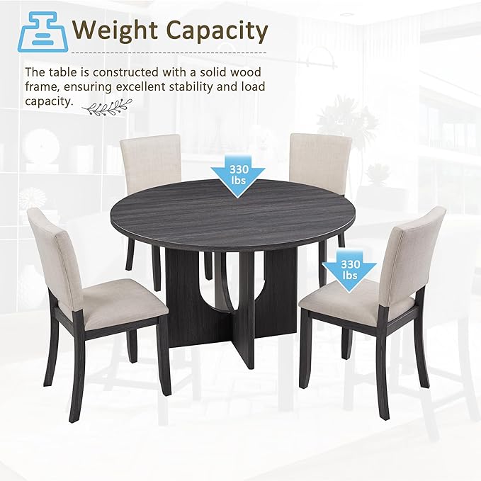 5-Piece Round Dining Table Set for 4, 47.3" Round Dining Room Table with 4 Upholstered Chairs, Modern Kitchen Table and Chairs Set of 4 for Kitchen and Dining Room, Antique Black & Beige