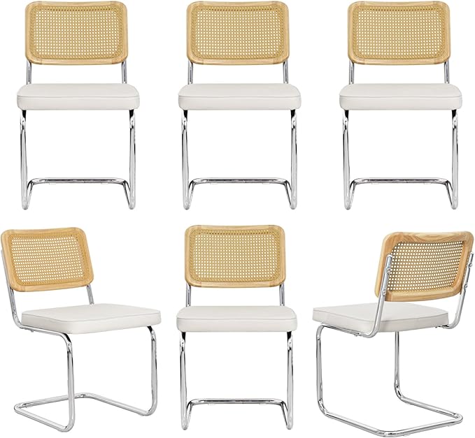 Velvet Upholstered Dining Chair Set of 6 Modern Breuer Designed Rattan Back Stainless Chrome Base Armless Dining Chairs for Kitchen Island, Restaurant,Apartment(White)