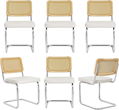 Velvet Upholstered Dining Chair Set of 6 Modern Breuer Designed Rattan Back Stainless Chrome Base Armless Dining Chairs for Kitchen Island, Restaurant,Apartment(White)
