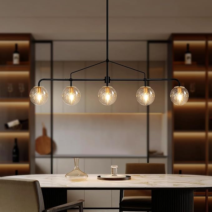 Linear Chandelier for Dining Room 39 Inch Kitchen Island Chandelier Black and Gold Modern 5 Lights Seeded Glass Globe Linear Pendant Light for Farmhouse, Living Room