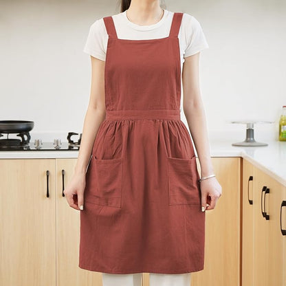 Pinknoke Cotton Linen Pinafore Apron Dress for Women with Pockets Cute Art Chef Aprons for Kitchen Baking Gardening Painting