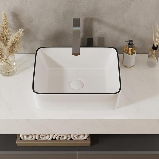 DeerValley Liberty 16x12 Inch Rectangular Vessel Sink, White Ceramic Bathroom Sink with Black Striped Border, Above Counter Basin, DV-1V0317