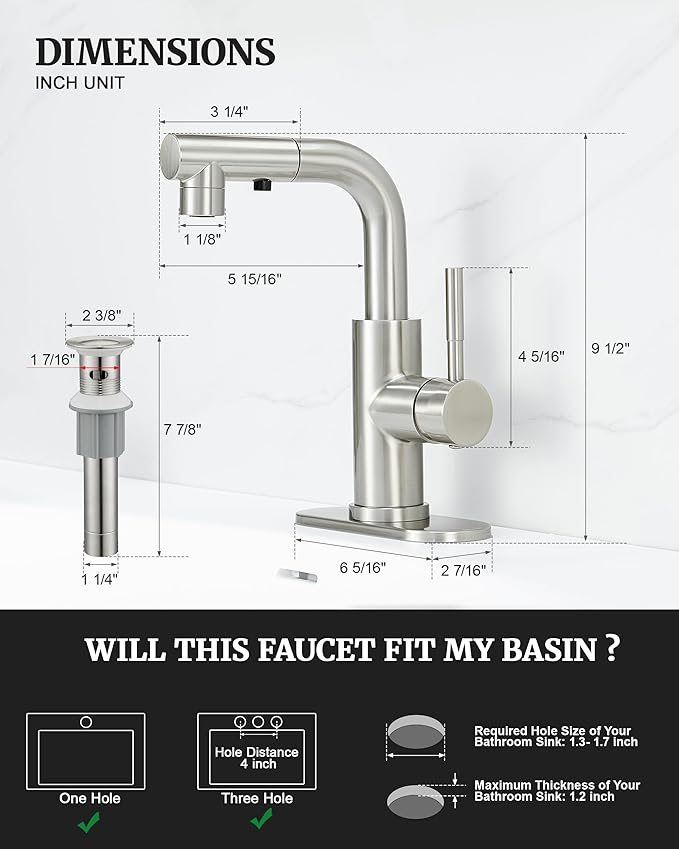 Ultimate Unicorn Brushed Nickel Single Handle Modern Bathroom Faucet with Pull Out Sprayer, 15.5" Retractable Hose, 360 Swivel Spout, Pop Up Drain, Stainless Steel, 1 Hole Installation