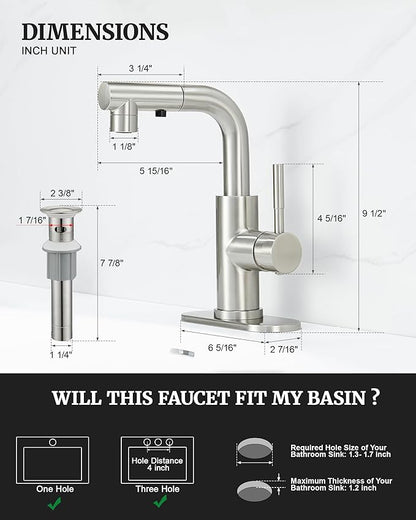 Ultimate Unicorn Brushed Nickel Single Handle Modern Bathroom Faucet with Pull Out Sprayer, 15.5" Retractable Hose, 360 Swivel Spout, Pop Up Drain, Stainless Steel, 1 Hole Installation