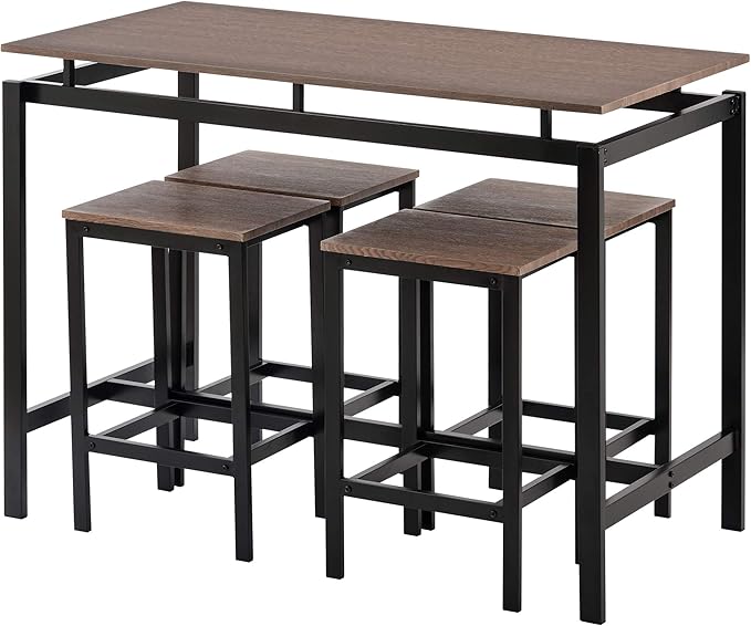 Solid Wood 4-Piece Kitchen Dining Table Set, Counter Height Bar Table Set with 3 Stools and Storage Shelves, Perfect for Home, Kitchen, Living Room (Dark Brown-1)