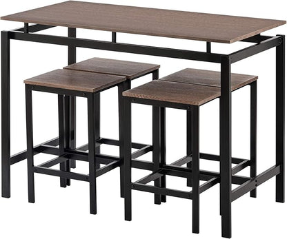Solid Wood 4-Piece Kitchen Dining Table Set, Counter Height Bar Table Set with 3 Stools and Storage Shelves, Perfect for Home, Kitchen, Living Room (Dark Brown-1)