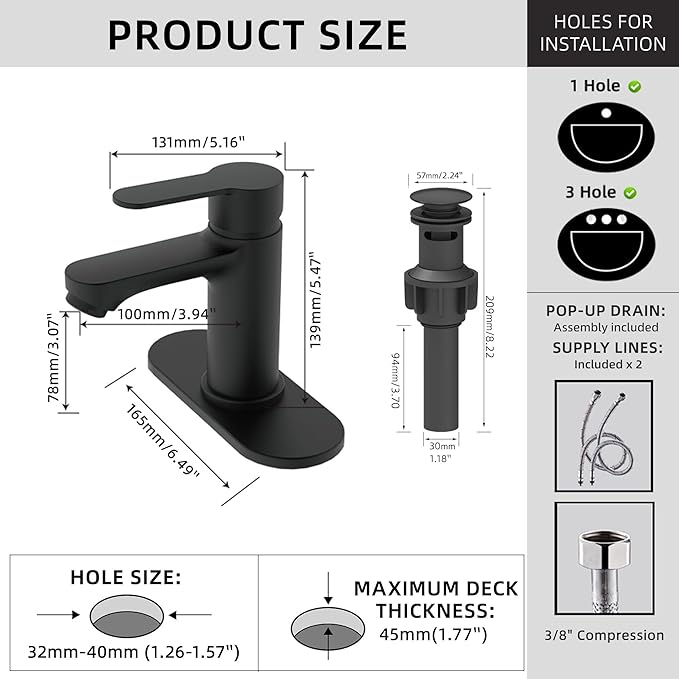 BELZ Bathroom Faucet, Single Handle Matte Black Sink Faucet for 1 or 3 Hole Installation, Modern Lead-Free Metal Vanity Faucet with Pop-Up Drain & Supply Hoses (Matte Black)