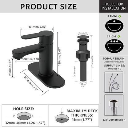 BELZ Bathroom Faucet, Single Handle Matte Black Sink Faucet for 1 or 3 Hole Installation, Modern Lead-Free Metal Vanity Faucet with Pop-Up Drain & Supply Hoses (Matte Black)