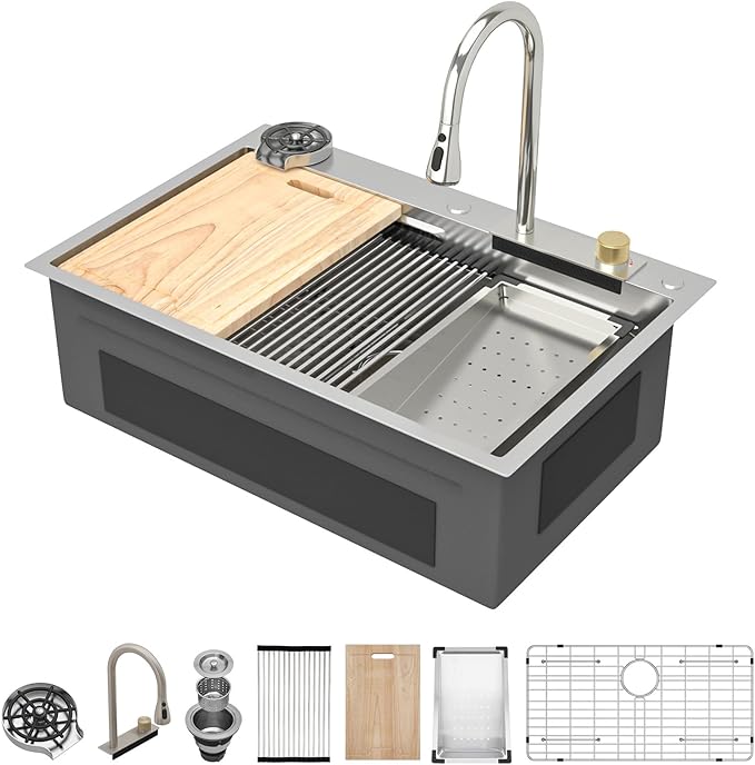 Kichae Waterfall Kitchen Sink Drop In - Kitchen Sink 33x19 Drop In Waterfall with Hot & Cold Water Stainless Steel 16 Gauge Handmade Single Bowl Workstation Sinks with Glass Rinser & Faucet Combo