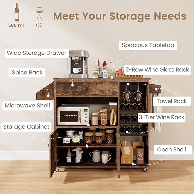 Giantex Rolling Kitchen Island Cart with Drop Leaf, Power Outlet, Spice Rack, 12 Wine Rack, Glass Holder, Drawer, Storage Cabinet, Towel Rack, Island Table for Breakfast Coffee Bar (Rustic Brown)