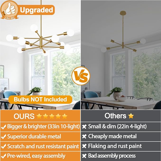 Sputnik Chandeliers Dining Room Light Fixture (10-Light, 32-Inch), Modern Brushed Gold Chandelier, Height Adjustable Mid Century Modern Chandeliers for Bedroom Kitchen Entryway (Bulbs Not Included)