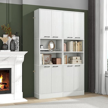 75” Kitchen Pantry Cabinet, Tall Freestanding Kitchen Hutch with 4 Doors, 2 Open Shelves & 4 Anti-Tipping Devices, Bathroom Storage Cabinet for Living Room, Dining Room (White Oak)
