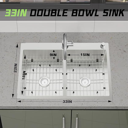 Stainless Steel 50/50 Double Bowl 33x22x9 Inch Drop In Kitchen Sink - Topmount Modern Style, Combo-Sink Grid, Silicon Mat, Drain Assembly