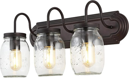 JONATHAN Y 19.3" Oil Rubbed Bronze 3-Light Iron and Glass Mason Jar Vanity Light, Farmhouse Industrial Rustic Wall Sconce for Bathroom, UL Listed, LED Bulbs Included JYL7801A