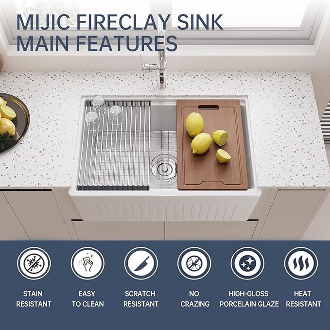 30 Inch White Farmhouse Sink Workstation Apron Front Ceramic Porcelain Fireclay Ledge Single Bowl Sink Large Deep Farm Kitchen Sinks 30" x 20" x10"