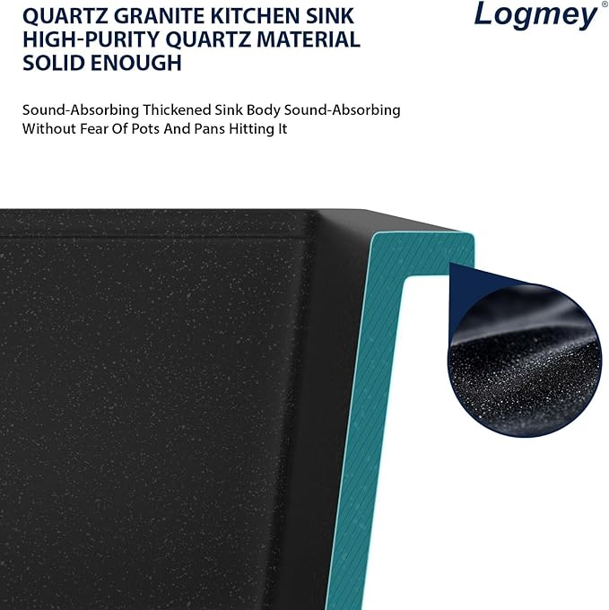 Logmey 30 Inch Granite Composite Kitchen Sink Black Undermount Sink Ledge Single Bowl Under Counter Deep Quartz Workstation Kitchen Sinks, 30x19x9