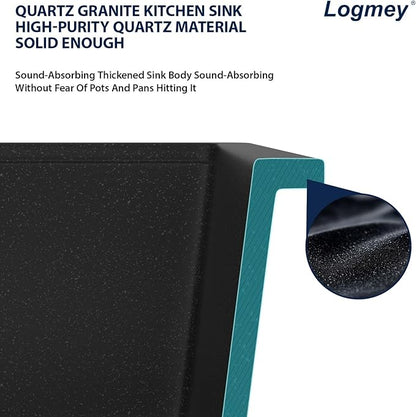 Logmey 30 Inch Granite Composite Kitchen Sink Black Undermount Sink Ledge Single Bowl Under Counter Deep Quartz Workstation Kitchen Sinks, 30x19x9