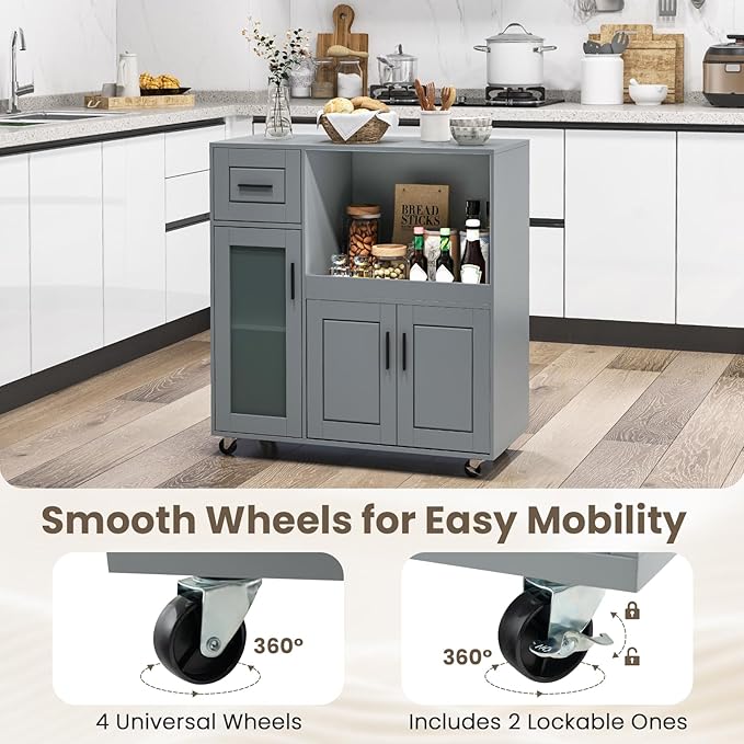 Giantex Kitchen Island Cart with Storage, Rolling Island Table with Drawer, Glass Door, Adjustable Shelf, Bar Coffee Microwave Cart On Wheels for Dining Room, Grey