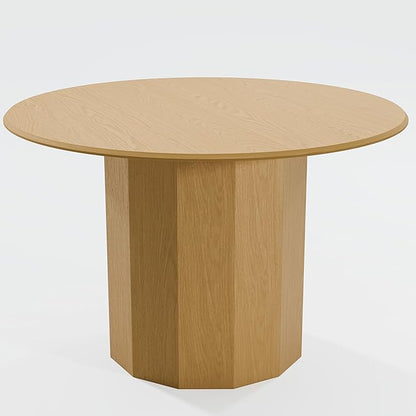 Casaphoria 46" Round Dining Table, Modern Wood Kitchen Table with Cylinder Polygonal Base for Living Room & Dining Room, Easy Assembly Farmhouse Furniture for 4-6, Oak