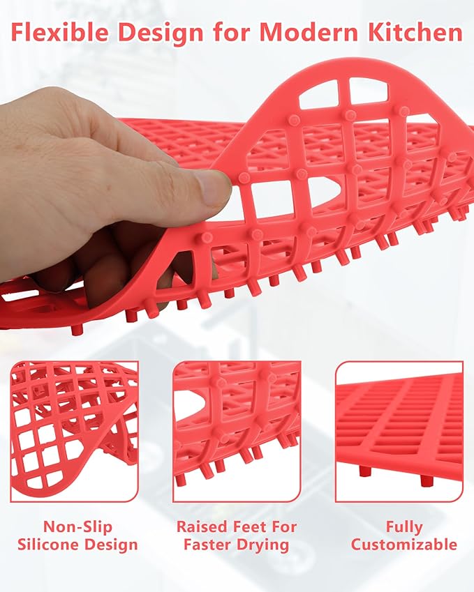 2 Pack Silicone Sink Protector for Kitchen Sink, Trellis Pattern 12 x 11" Sink Grid Mat Silicone Protectors, Center Drain, Red