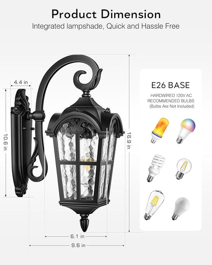 VIANIS Black 2-Pack Outdoor Porch Lights, Dusk to Dawn Outdoor Lighting, Anti-Rust Waterproof Garage Light Wall Mount, Modern Patio Wall Sconce with Rippled Glass, Outside Lights for House, Entryway