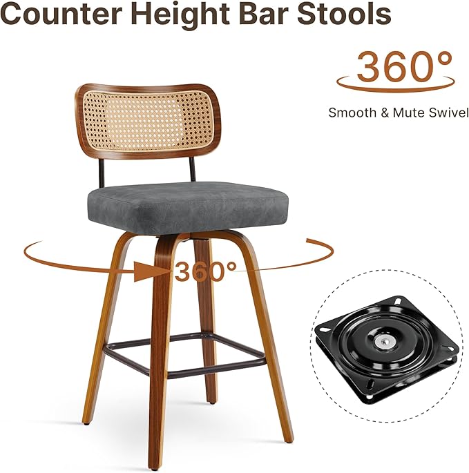 Swivel Bar Stools Set of 3, 26" Upholstered Counter Height Bar Stools with Rattan Back and Bent Walnut Wood Legs, Faux Leather Modern Barstools for Kitchen Island,Rattan Gray