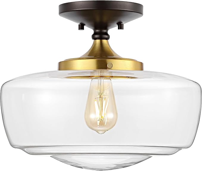 JONATHAN Y 14" Oil Rubbed Bronze/Brass Gold Modern Farmhouse LED Flush Mount Light Fixture, Clear Glass Shade, Rustic Industrial Schoolhouse Lamp for Kitchen Hallway Bedroom (JYL7517E)