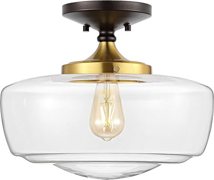 JONATHAN Y 14" Oil Rubbed Bronze/Brass Gold Modern Farmhouse LED Flush Mount Light Fixture, Clear Glass Shade, Rustic Industrial Schoolhouse Lamp for Kitchen Hallway Bedroom (JYL7517E)