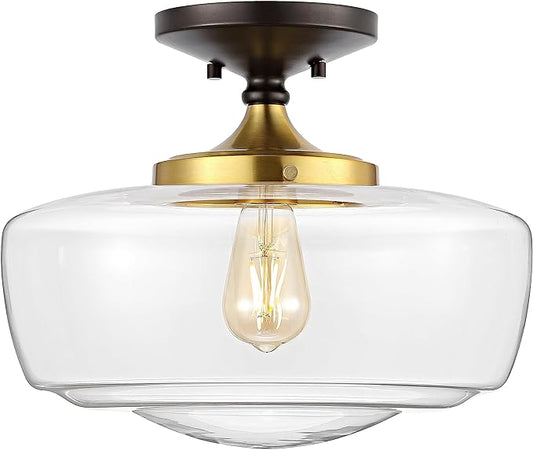 JONATHAN Y 14" Oil Rubbed Bronze/Brass Gold Modern Farmhouse LED Flush Mount Light Fixture, Clear Glass Shade, Rustic Industrial Schoolhouse Lamp for Kitchen Hallway Bedroom (JYL7517E)